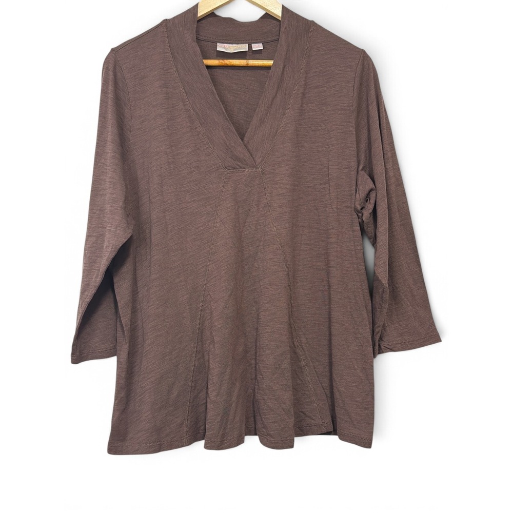 Belle Boho Kim Gravel Brown Slub Knit V-Neck Tunic Top 3/4 Sleeve Large